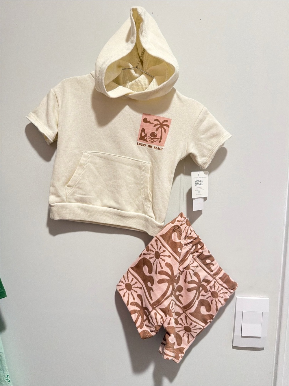 Cream Hooded Short Sleeve Top & Pink Floral Shorts Set